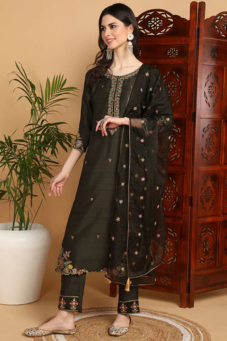 Olive Green Silk Blend Floral Embroidered Straight Shape Suit Set with Dupatta