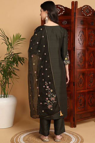 Olive Green Silk Blend Floral Embroidered Straight Shape Suit Set with Dupatta