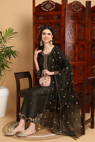 Olive Green Silk Blend Floral Embroidered Straight Shape Suit Set with Dupatta