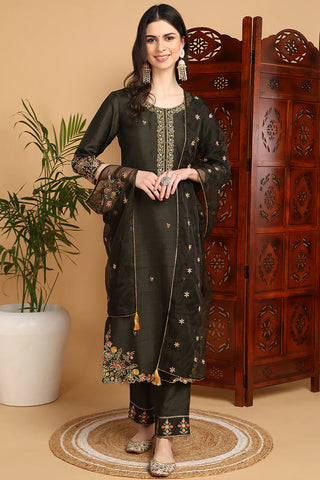 Olive Green Silk Blend Floral Embroidered Straight Shape Suit Set with Dupatta