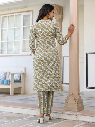 Olive Green Pure Cotton Self Designed Straight Shape Kurta Bottom Set