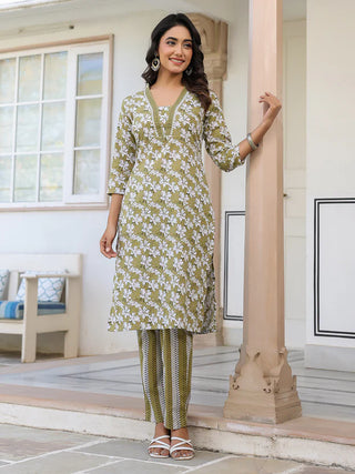 Olive Green Pure Cotton Self Designed Straight Shape Kurta Bottom Set