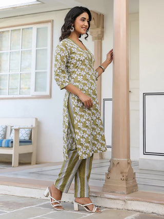 Olive Green Pure Cotton Self Designed Straight Shape Kurta Bottom Set