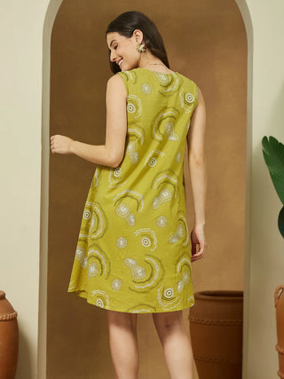 Olive Green Pure Cotton Abstract Print A Line Dress