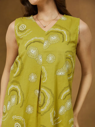 Olive Green Pure Cotton Abstract Print A Line Dress