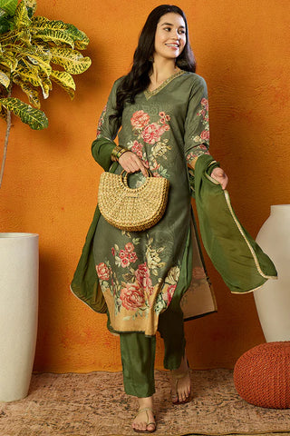 Olive Green Cotton Blend Floral Print Suit Set with Dupatta