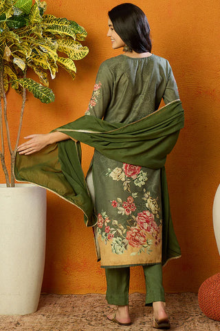 Olive Green Cotton Blend Floral Print Suit Set with Dupatta