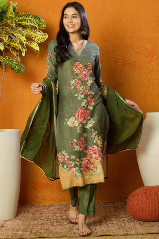 Olive Green Cotton Blend Floral Print Suit Set with Dupatta