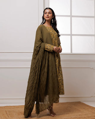 Olive Green Block Printed Suit Set With Dupatta