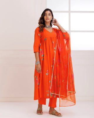 Organza Orange Hand Painted Suit Set with Dupatta