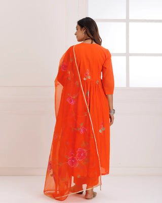 Organza Orange Hand Painted Suit Set with Dupatta