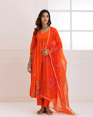 Organza Orange Hand Painted Suit Set with Dupatta