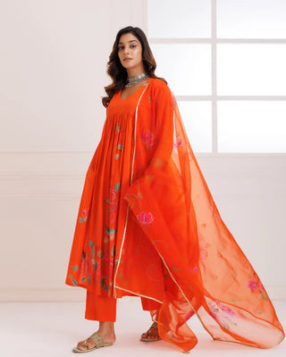 Organza Orange Hand Painted Suit Set with Dupatta