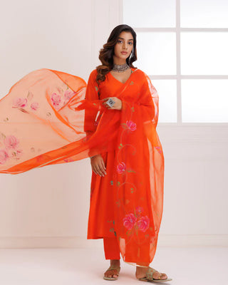 Organza Orange Hand Painted Suit Set with Dupatta