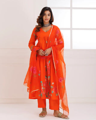 Organza Orange Hand Painted Suit Set with Dupatta