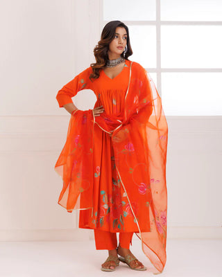 Organza Orange Hand Painted Suit Set with Dupatta