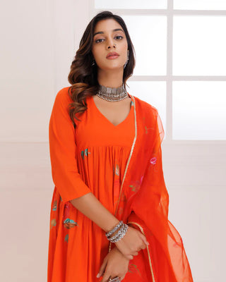 Organza Orange Hand Painted Suit Set with Dupatta