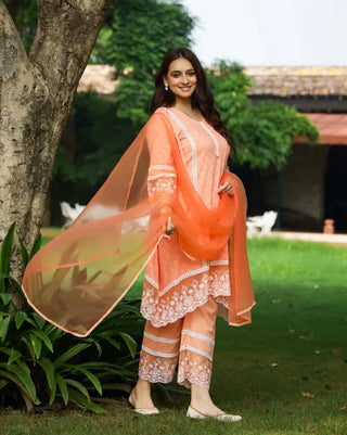 Orange Cotton Floral Thread Embroidered Suit Set with Dupatta