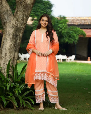 Orange Cotton Floral Thread Embroidered Suit Set with Dupatta