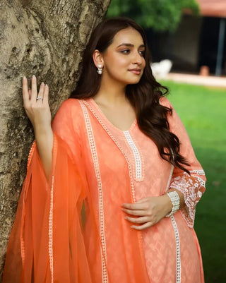 Orange Cotton Floral Thread Embroidered Suit Set with Dupatta