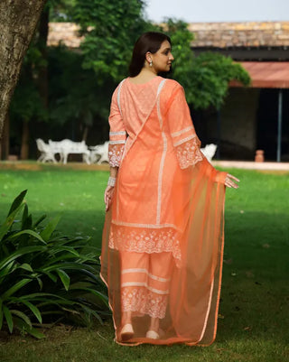 Orange Cotton Floral Thread Embroidered Suit Set with Dupatta