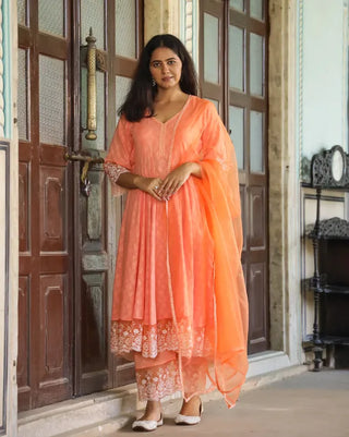 Orange Cotton Floral Thread Embroidered Anarkali Suit Set with Dupatta