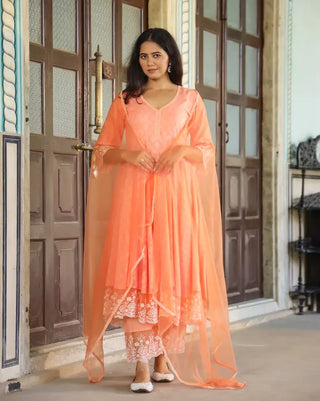 Orange Cotton Floral Thread Embroidered Anarkali Suit Set with Dupatta