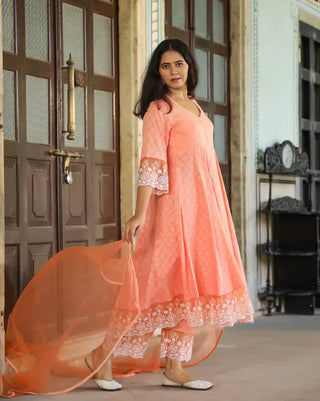 Orange Cotton Floral Thread Embroidered Anarkali Suit Set with Dupatta