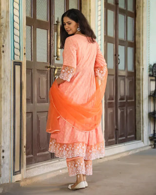 Orange Cotton Floral Thread Embroidered Anarkali Suit Set with Dupatta