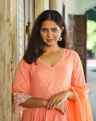 Orange Cotton Floral Thread Embroidered Anarkali Suit Set with Dupatta