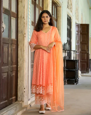 Orange Cotton Floral Thread Embroidered Anarkali Suit Set with Dupatta