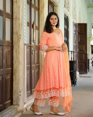 Orange Cotton Floral Thread Embroidered Anarkali Suit Set with Dupatta