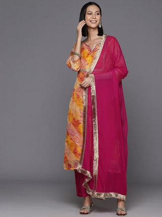 Orange Cotton Blend Bandhani Print Suit Set with Silk Chiffon Dupatta