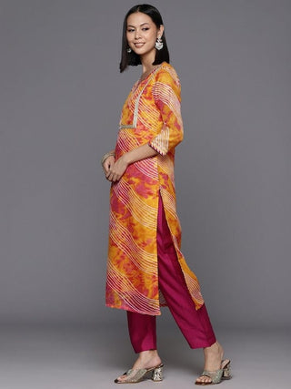 Orange Cotton Blend Bandhani Print Suit Set with Silk Chiffon Dupatta