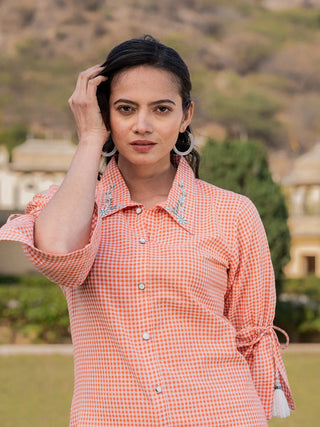 Orange Cotton Shirt Style Checked Printed Top with Embroidery Detailing