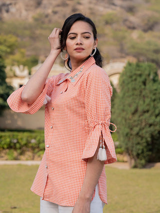 Orange Cotton Shirt Style Checked Printed Top with Embroidery Detailing