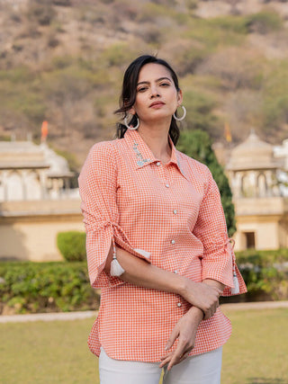 Orange Cotton Shirt Style Checked Printed Top with Embroidery Detailing