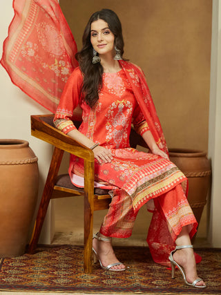 Orange Cotton Blend Floral Print Pakistani Style Suit Set with Chanderi Blend Dupatta