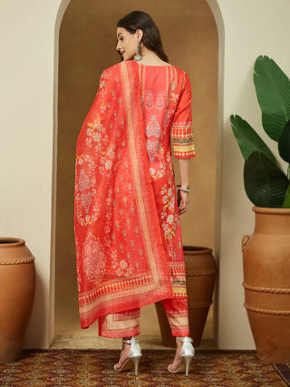 Orange Cotton Blend Floral Print Pakistani Style Suit Set with Chanderi Blend Dupatta