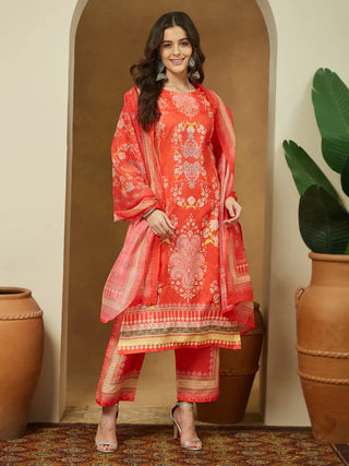 Orange Cotton Blend Floral Print Pakistani Style Suit Set with Chanderi Blend Dupatta