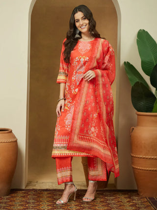 Orange Cotton Blend Floral Print Pakistani Style Suit Set with Chanderi Blend Dupatta