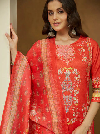 Orange Cotton Blend Floral Print Pakistani Style Suit Set with Chanderi Blend Dupatta