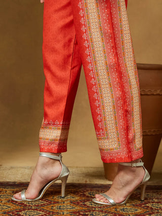 Orange Cotton Blend Floral Print Pakistani Style Suit Set with Chanderi Blend Dupatta