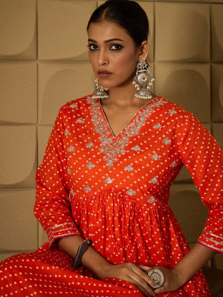 Orange Embroidered A Line Kurta Trouser Set