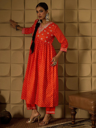 Orange Embroidered A Line Kurta Trouser Set