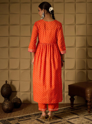 Orange Embroidered A Line Kurta Trouser Set