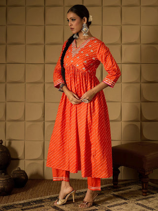 Orange Embroidered A Line Kurta Trouser Set