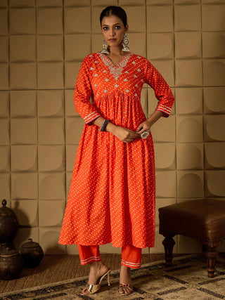 Orange Embroidered A Line Kurta Trouser Set