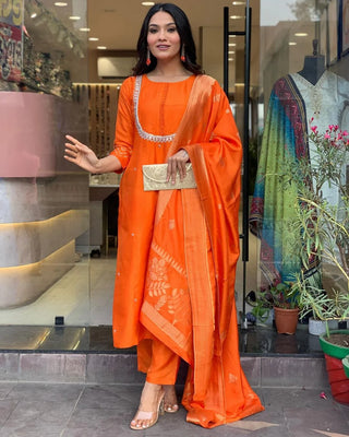 Orange Viscose Chanderi Embroidered Suit Set with Jacquard Silk Dupatta