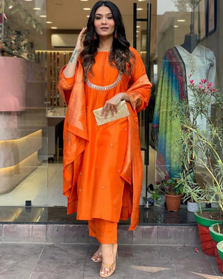 Orange Viscose Chanderi Embroidered Suit Set with Jacquard Silk Dupatta